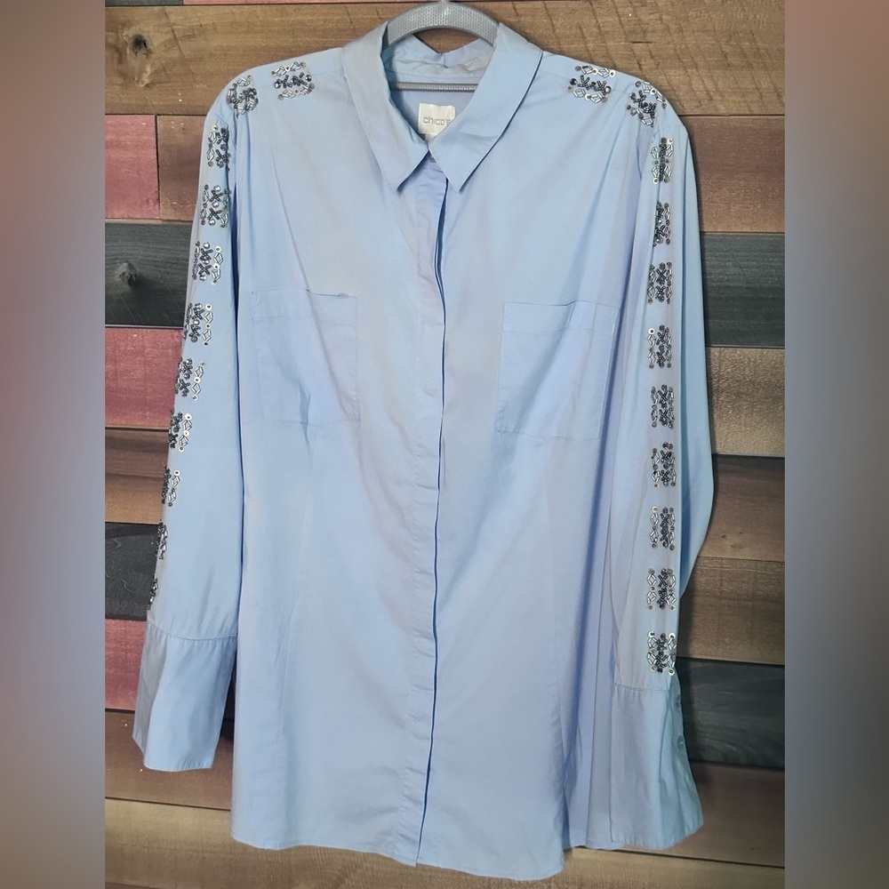💎👜 Chico's Blue Embellished Sleeve Button-Front Women's Top Sz 3